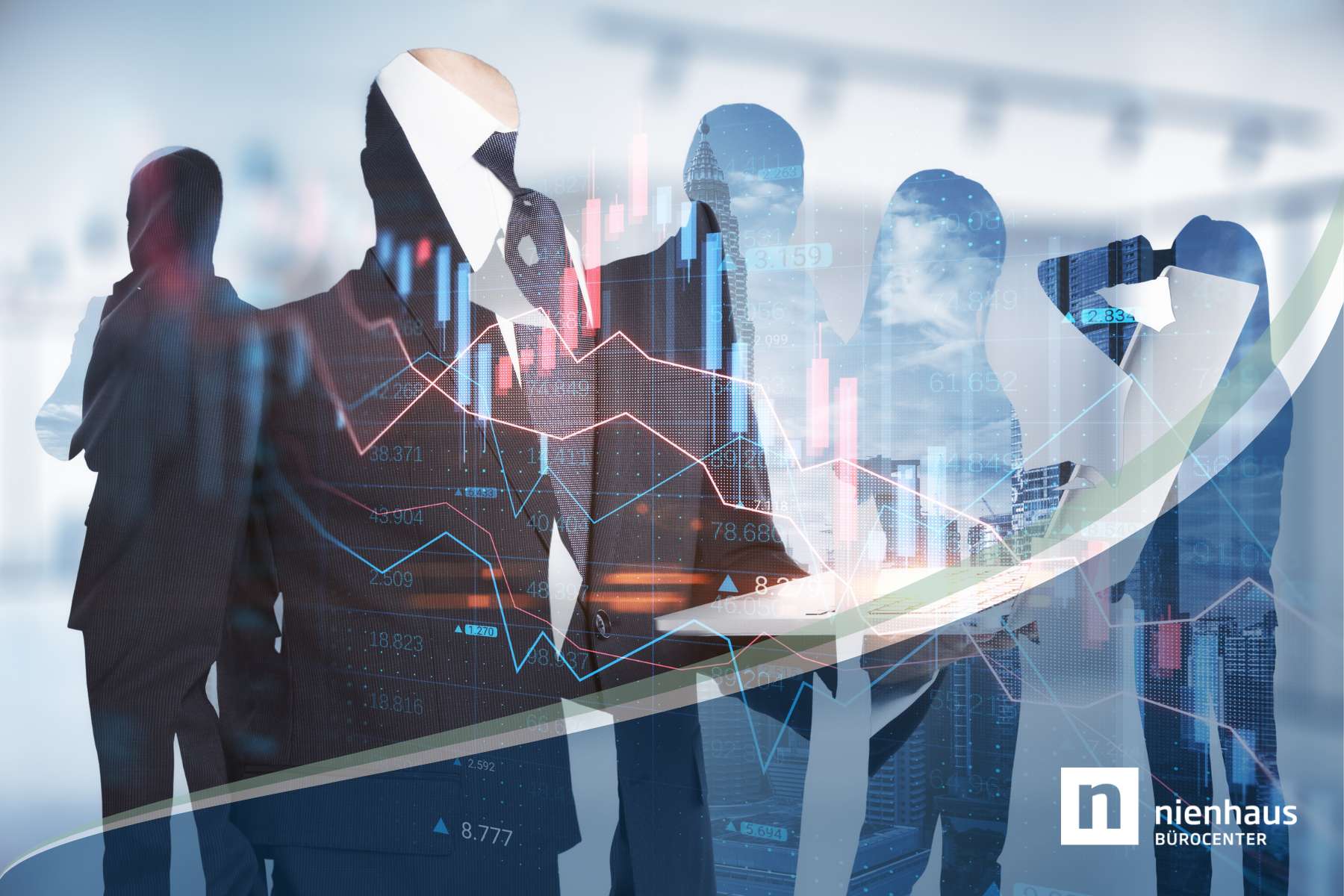 Silhouetten verschiedener Geschäftsleute und die Andeutung von Zahlen und Statistiken als Sinnbild für Algorithmic Management im Büro.