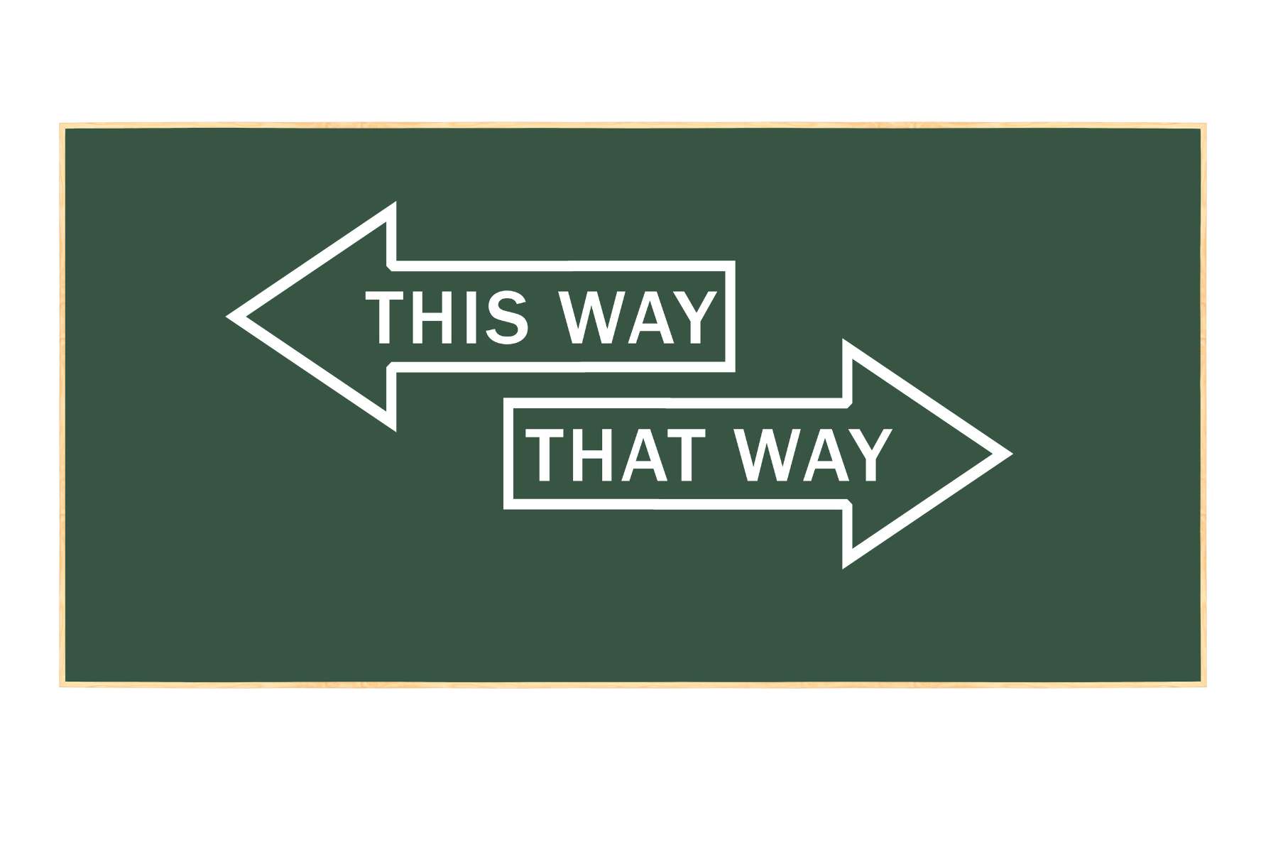 Eine grüne Tafel, auf der 2 große weiße Pfeile abgebildet sind, die in entgegengesetzte Richtungen zeigen und auf denen die Worte This Way und That Way stehen.