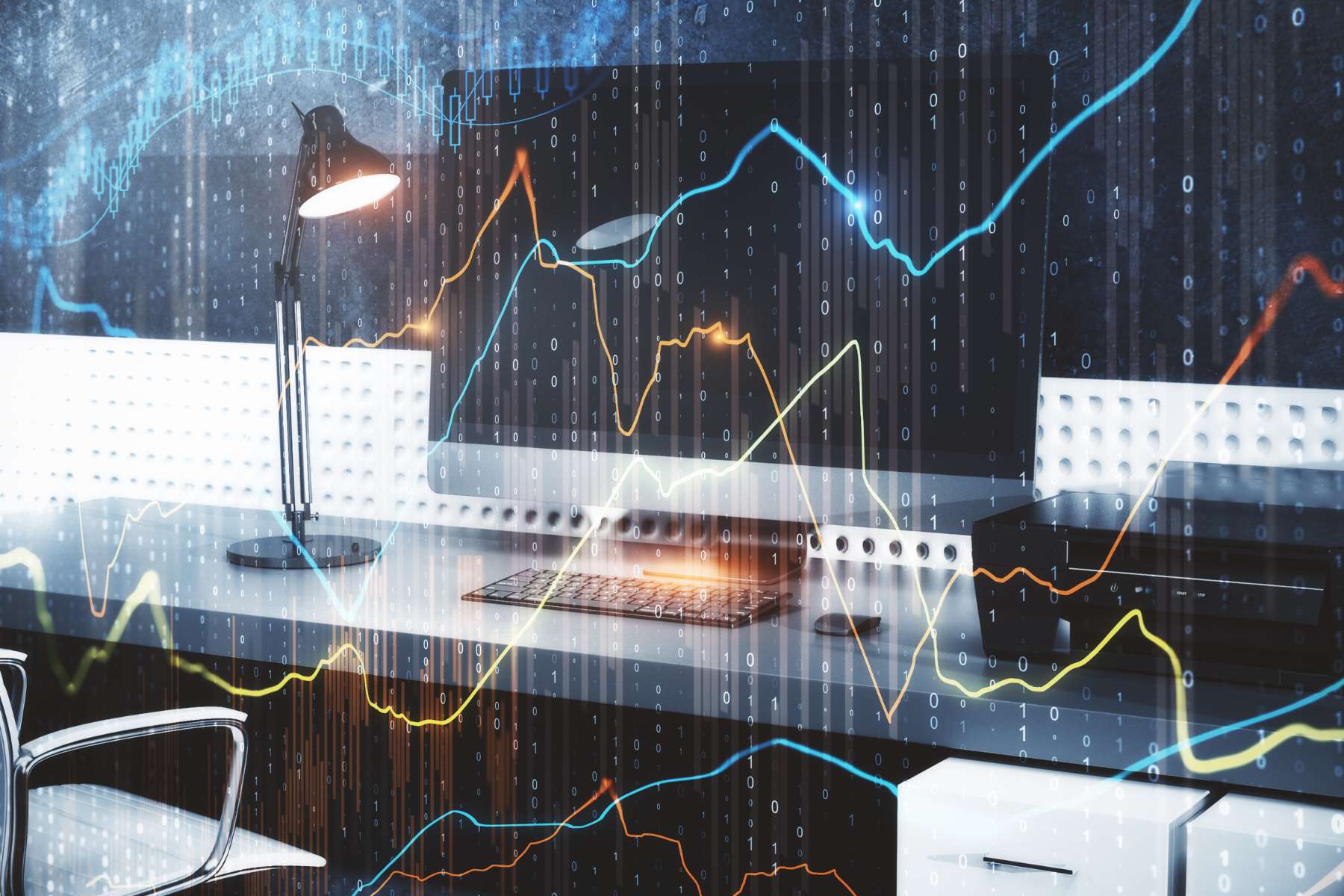 Ein futuristisch anmutender Schreibtisch, auf dem ein großer Bildschirm steht, während sich im Vordergrund Diagramme und Zahlen über das komplette Bild erstrecken.