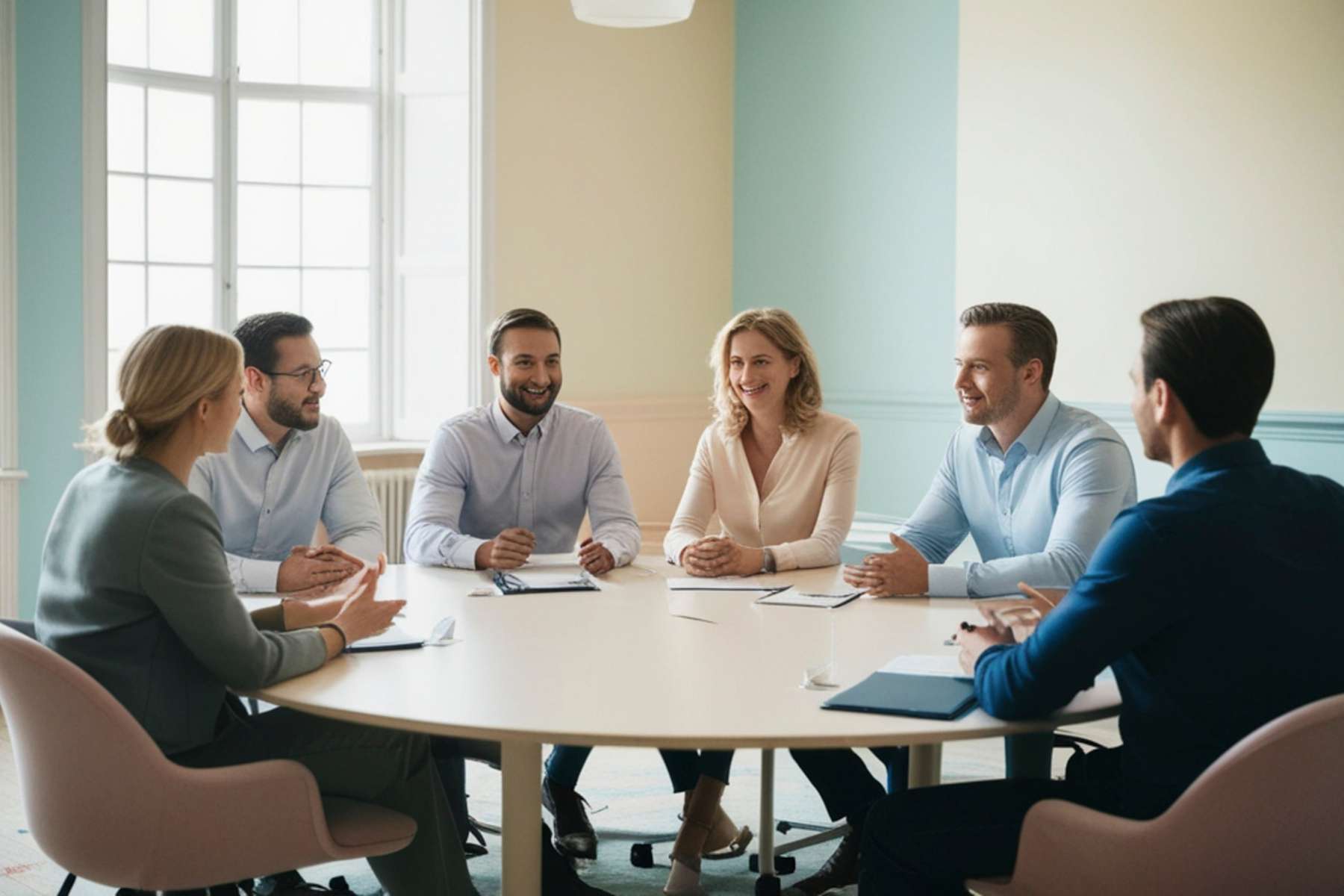 Eine Gruppe männlicher und weiblicher Büroangestellter sitzt an einem runden Holztisch und unterhält sich angeregt.