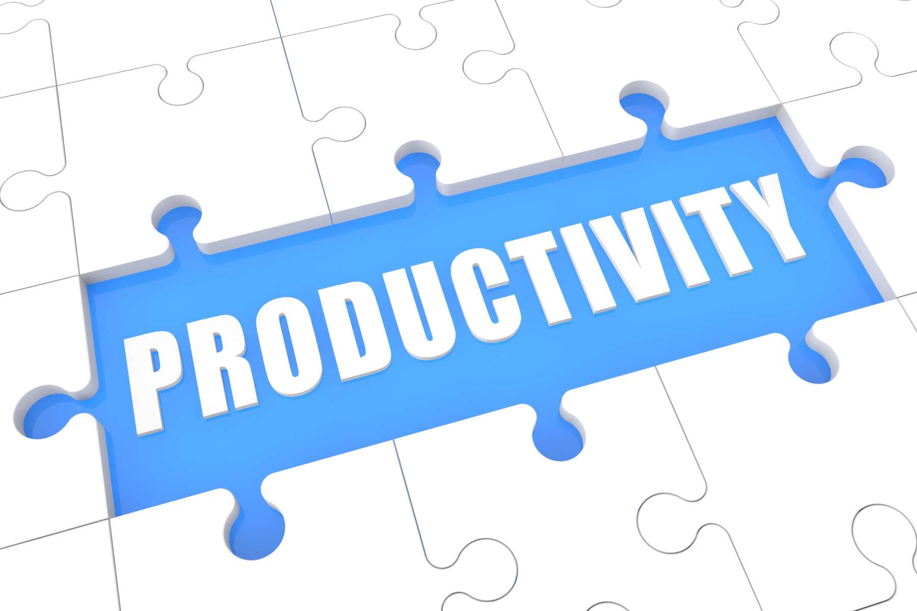 Grafische Darstellung eines weißen Puzzels, in welchem einige Teile fehlen und dadurch ein blaues Feld mit dem Wort Productivity sichtbar werden lassen.