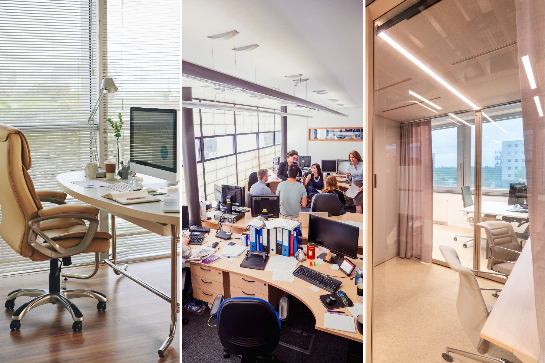 Collage aus 3 Bildern auf denen man den Wandel vom klassisches Einzelbüro über das Großraumbüro bis hin zum modernen Büro mit Mutebox sieht