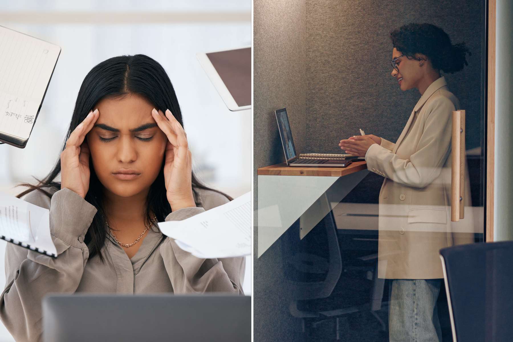 Collage aus 2 Bildern auf denen man eine gestresste Mitarbeiterin im Büro sieht und eine entspannte Angestellte in einer Mutebox