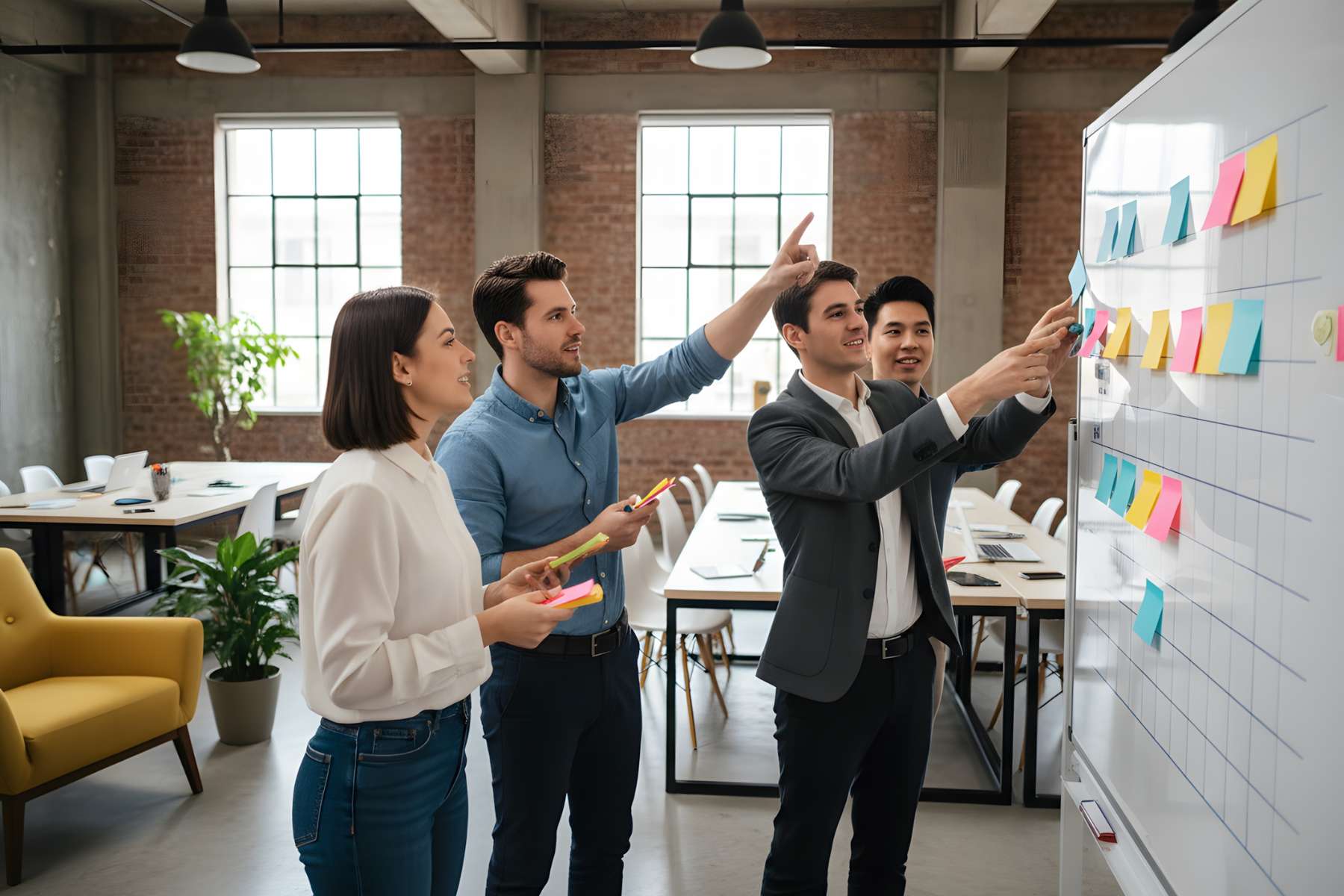 Drei männliche und eine weibliche Angestellte stehen vor einem Whiteboard, unterhalten sich angeregt und hängen Post-Its auf, während im Hintergrund ein großer Büroraum zu sehen ist.