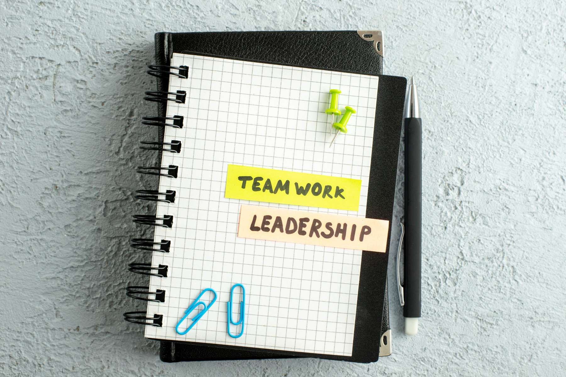 Ein aufgeschlagenes Notizbuch, auf dem die Wörter Teamwork und Leadership stehen, als zentrale Begriffe rund um das Thema zukunftsfähige Führung.