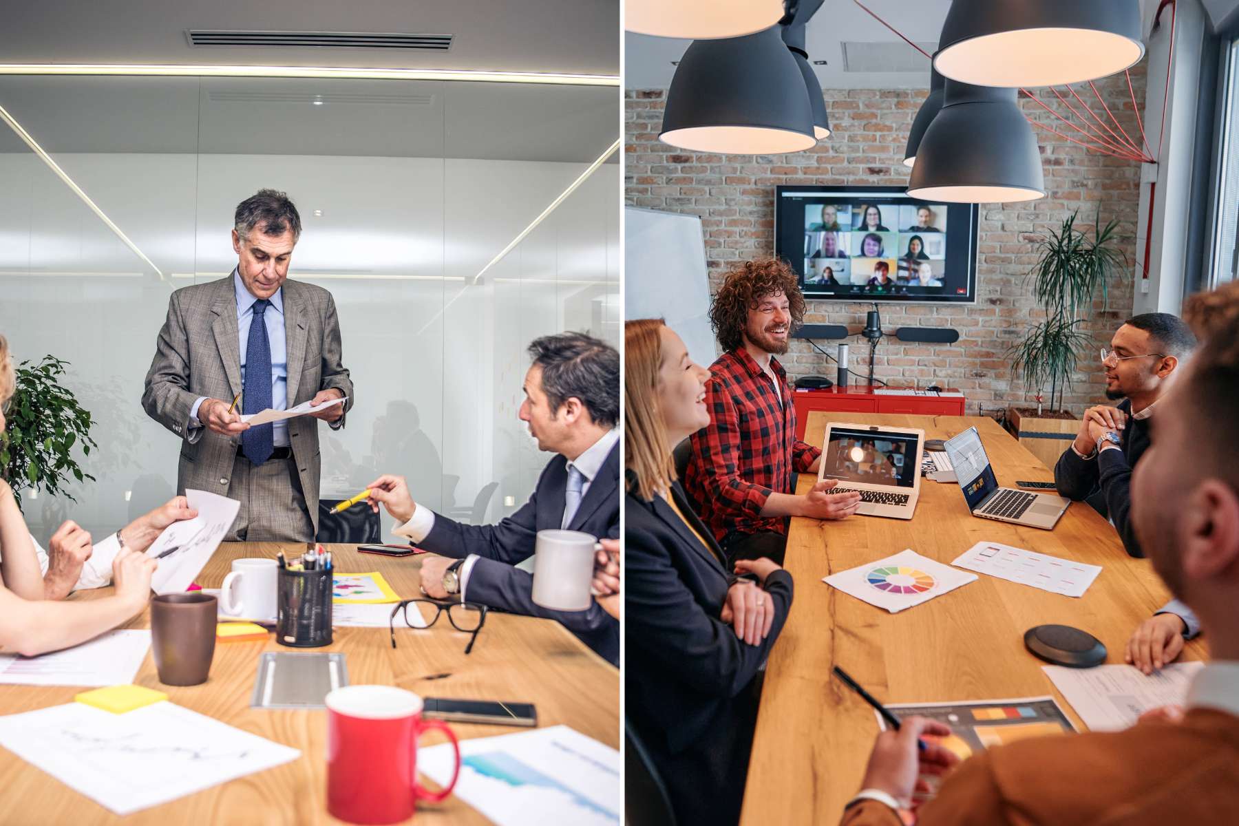 Collage, auf der links eine altmodische analoge Besprechung zu sehen ist, bei der der Vorgesetzte vor den Angestellten steht und rechts eine moderne digitale Besprechung zwischen jungen Angestellten, die teils im Raum sitzen und teils über Videocall zugeschaltet sind.