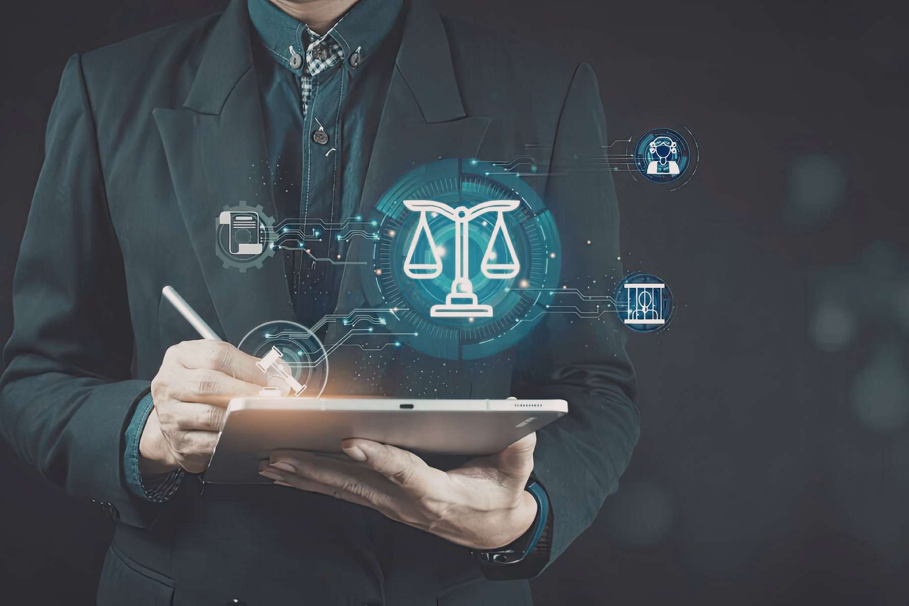 Ein Büroangestellter im Anzug hält ein Tablet in der Hand, über dem sich eine virtuelle Grafik mit einer Waage in der Mitte befindet, als Zeichen für Tool Policies im Rahmen von Calm Technology.