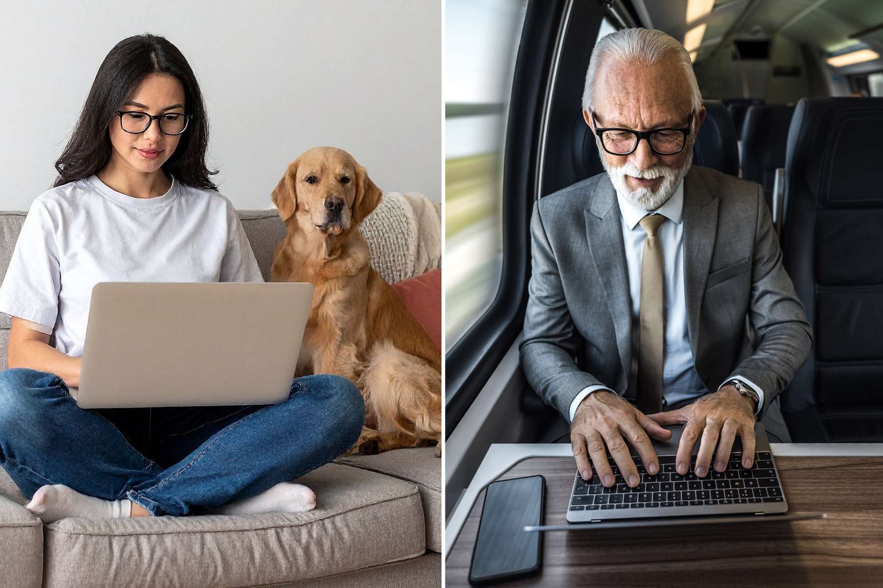 Collage aus zwei Bildern, auf der links eine Frau im Schneidersitz mit ihrem Hund auf der Couch sitzt und am Laptop arbeitet und auf der rechts ein älterer Herr im Anzug im Zug sitzt und ebenfalls am Laptop arbeitet.