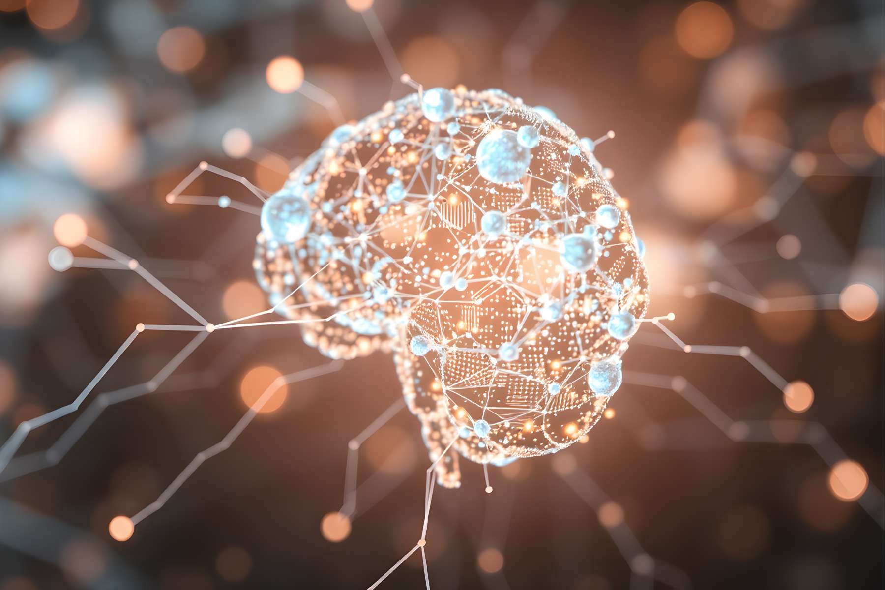 Grafische Darstellung eines leuchtenden Gehirns, das sehr detailliert vernetzt ist.