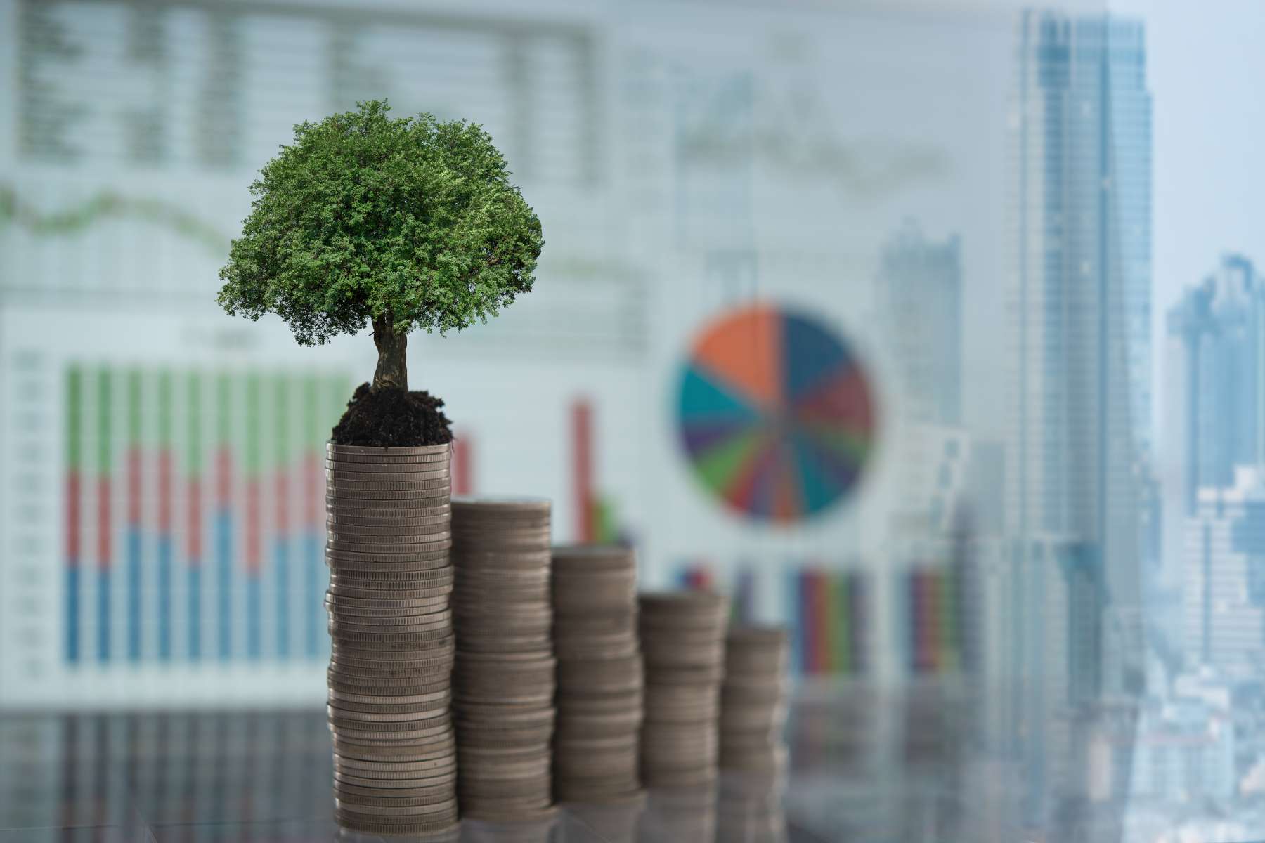 5 kleine Türme aus Münzen gebaut, auf dem größten steht ein Miniaturbaum als Zeichen für die Wirtschaftlichkeit von Nachhaltigkeit im Büro