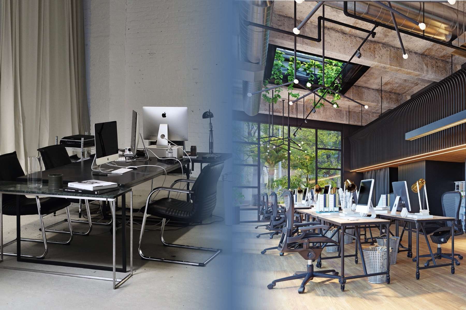 Gegenüberstellung eines klassischen Büros und eines offenen, kollaborativen Coworking Spaces