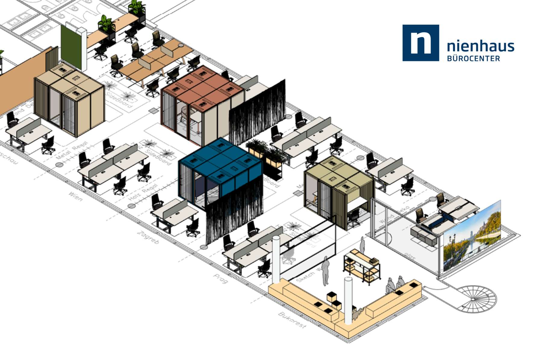 Grundriss und Planung einer großen New Work Bürofläche mit verschiedenen Zonen, wie Mute Boxen, einem Loungebereich, Einzelbüros und Mehrpersonenbüros.