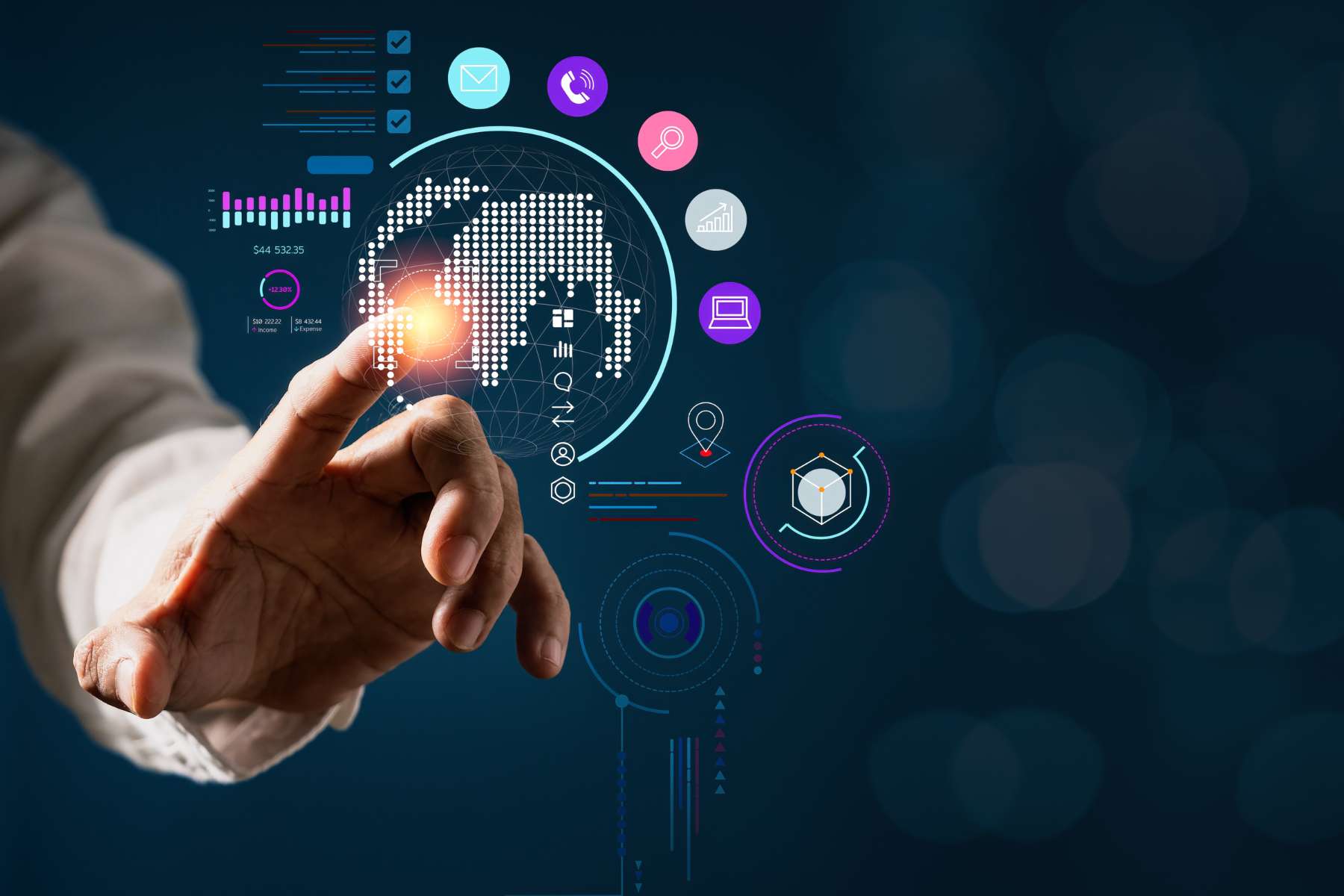 Mitarbeiter nutzt im Smart Office ein virtuelles Touchscreen-Interface für Kommunikation.