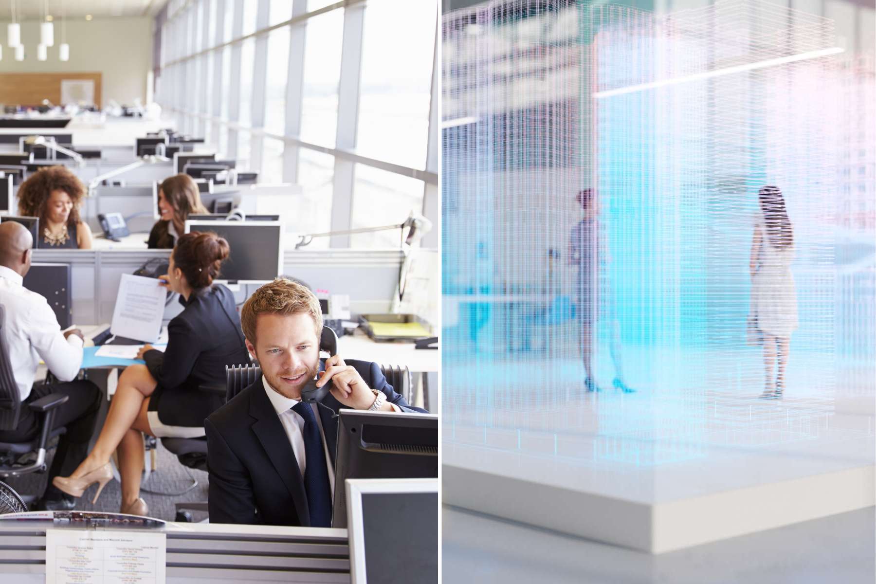 Vergleich von altmodischem Büro und KI-gesteuertem Smart Office.