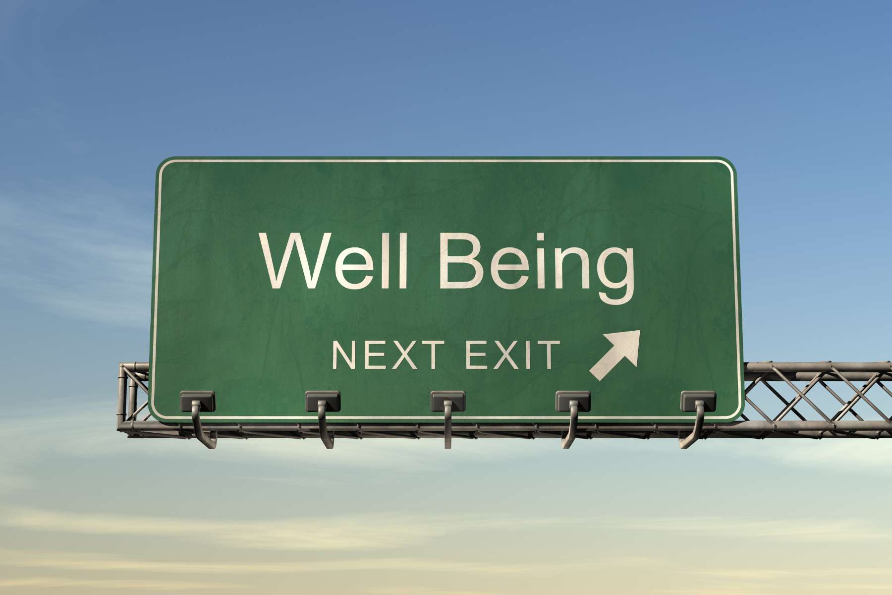 Ein großes grünes Straßenschild auf dem in weißer Schrift well being, next exit steht.